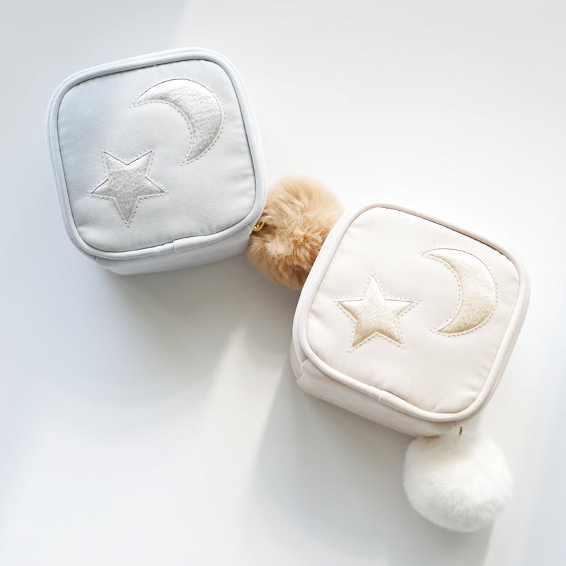 Petit Secret sweet star and moon embroidery cute big fur ball zipper jewelry bag
