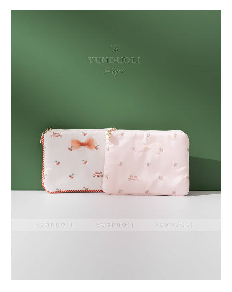 Sweet, Japanese-Style Minimalist & Fresh Tulle Pouch: Cute Cherry & Strawberry Embroidery Mini Cosmetic & Tissue Bag