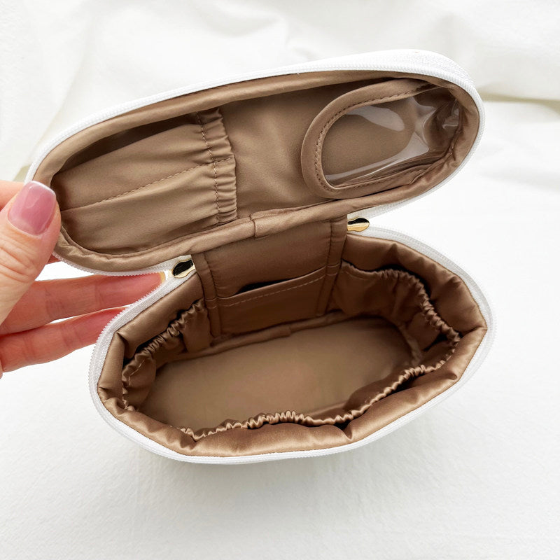 Aloof Cats & Cute Dogs Print Mini Handled Makeup Barrel Bag - Animal Print Organizer Pouch