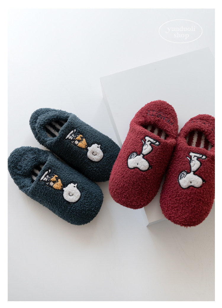 Fluffy Fleece Cartoon Snoopy Couple Slippers - Autumn Winter Warm Non-Slip Indoor Shoes