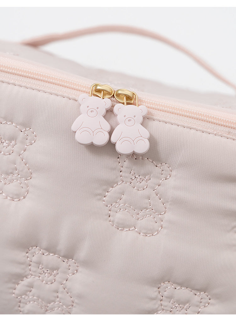 Cute Cartoon Bear Embroidery Handheld Makeup Bag 3D Square Compartmental Storage Bag