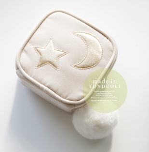 Petit Secret sweet star and moon embroidery cute big fur ball zipper jewelry bag