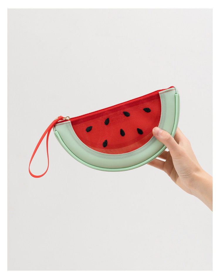 Fresh Minimalist Cartoon Fruit Shaped Semicircular Cosmetic Bag - Cute Watermelon & Pomelo Themed Makeup Pouch