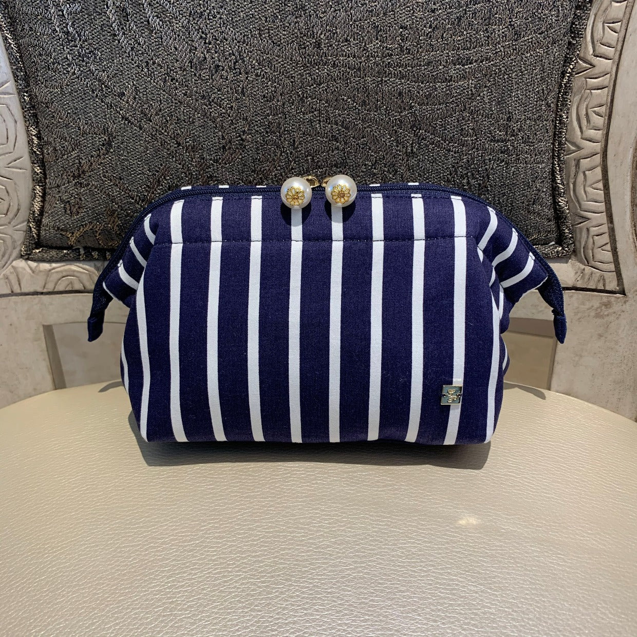 Petit Secret Navy Stripe Pearl Clasp Makeup Pouch