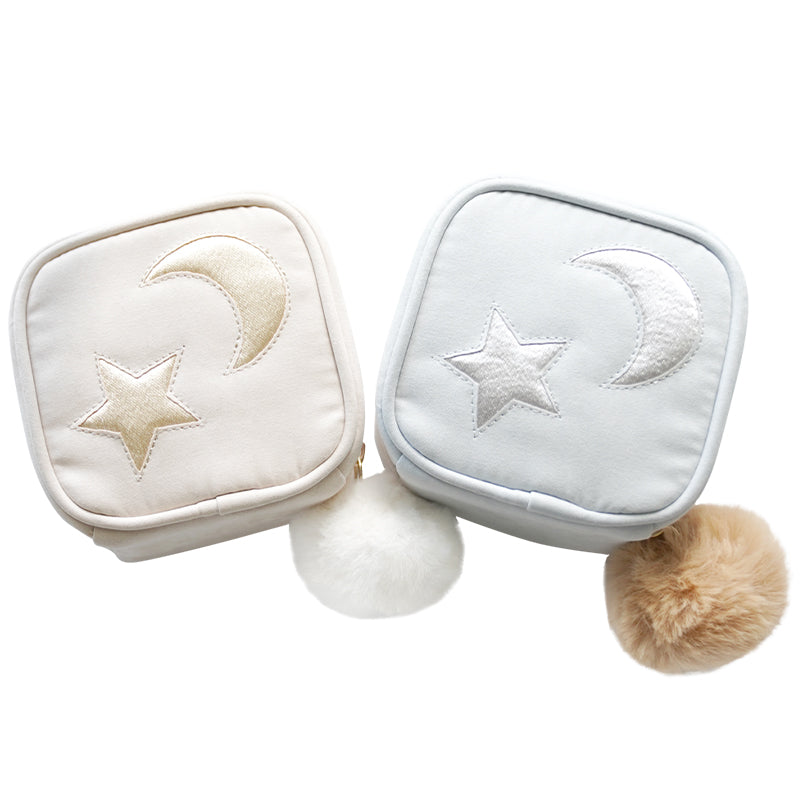 Petit Secret sweet star and moon embroidery cute big fur ball zipper jewelry bag