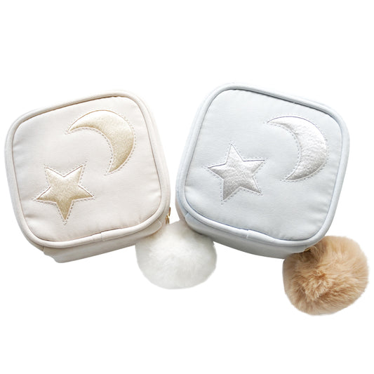Petit Secret sweet star and moon embroidery cute big fur ball zipper jewelry bag
