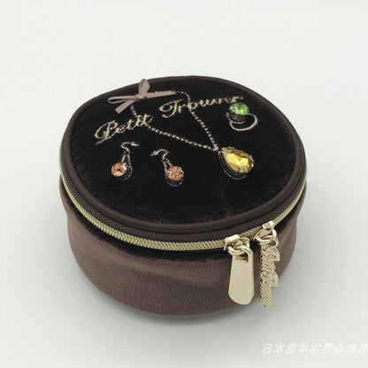 Glossy Velvet & Rhinestone Round Jewelry Box - Portable Mini Travel Case for Rings and Earrings