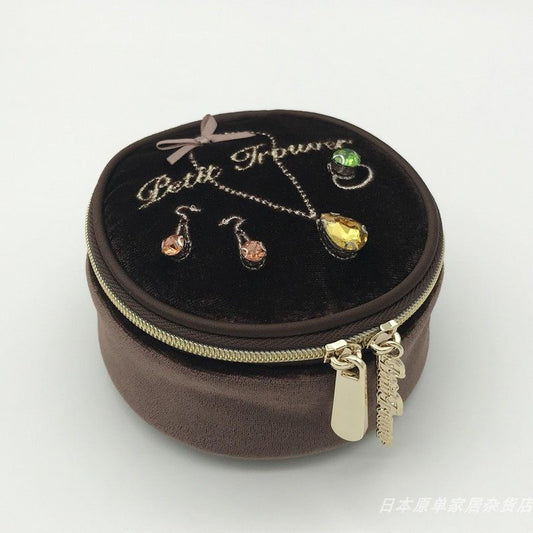 Glossy Velvet & Rhinestone Round Jewelry Box - Portable Mini Travel Case for Rings and Earrings
