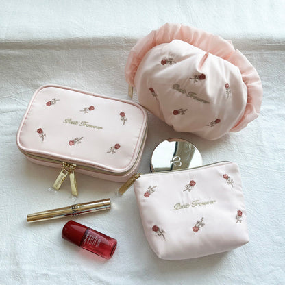PETIT TROUVER Sweet Rose Embroidery Mini Makeup Pouch - Lipstick, Cosmetics & Essentials Organizer