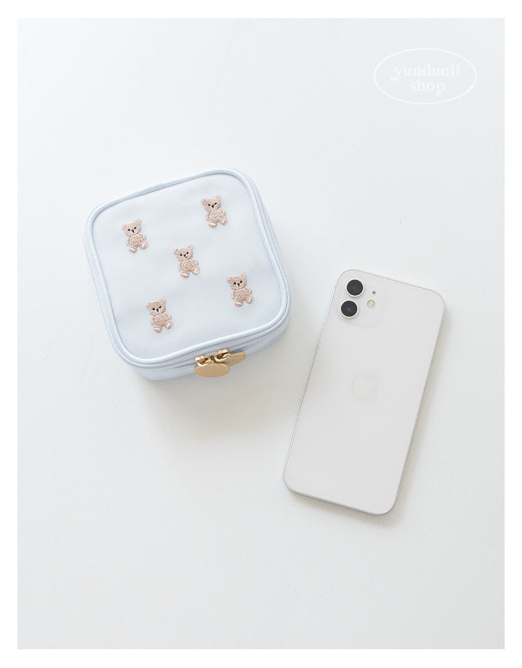Cute Cartoon Giant Panda & Bear Embroidery Structured Mesh Small Square Bag | Cosmetic & Storage Pouch