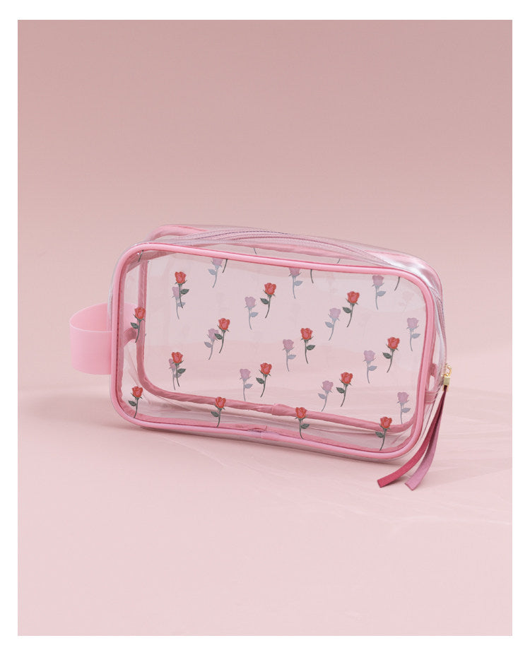 Sweet Lovely Rose Printed Clear Cosmetic Bag - Travel Essential for Makeup Organizing