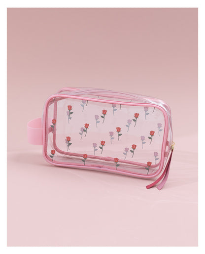 Sweet Lovely Rose Printed Clear Cosmetic Bag - Travel Essential for Makeup Organizing