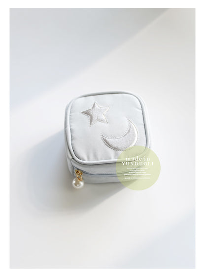 Petit Secret sweet star and moon embroidery cute big fur ball zipper jewelry bag