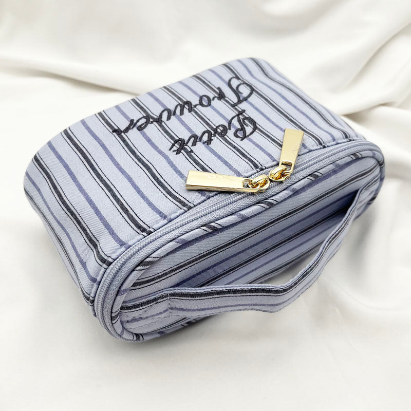 Fresh & Minimalist Mini Handled Makeup Pouch - Yarn-Dyed Stripe Cotton, Touch-Up & Organizer Bag