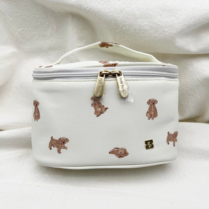 Aloof Cats & Cute Dogs Print Mini Handled Makeup Barrel Bag - Animal Print Organizer Pouch