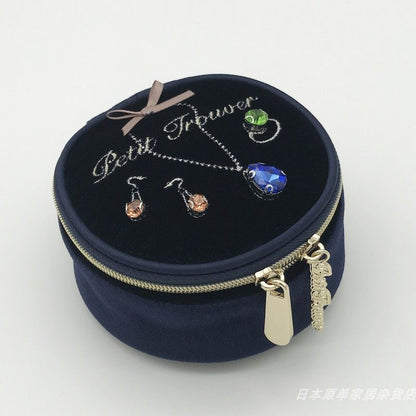 Glossy Velvet & Rhinestone Round Jewelry Box - Portable Mini Travel Case for Rings and Earrings