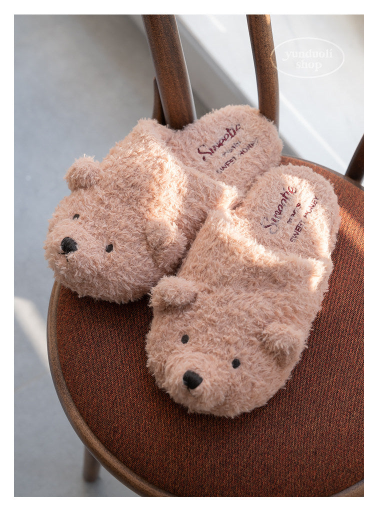 Cozy Plush Cartoon Bear Slippers for Couples, Fluffy Fleece Winter & Autumn Home Warmth Slippers