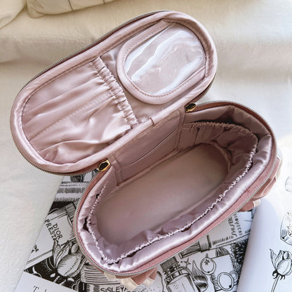 Fresh & Minimalist Solid Color Ruffle Barrel Bag - Top-Handle Small Makeup Pouch