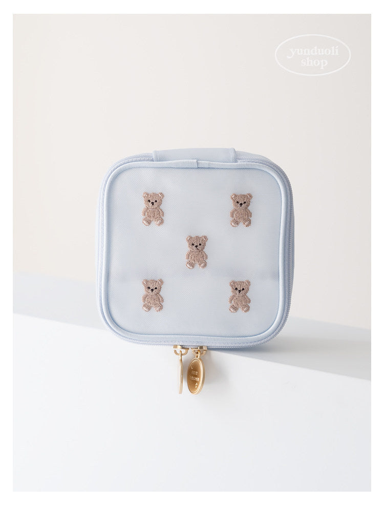 Cute Cartoon Giant Panda & Bear Embroidery Structured Mesh Small Square Bag | Cosmetic & Storage Pouch