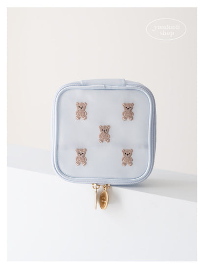 Cute Cartoon Giant Panda & Bear Embroidery Structured Mesh Small Square Bag | Cosmetic & Storage Pouch