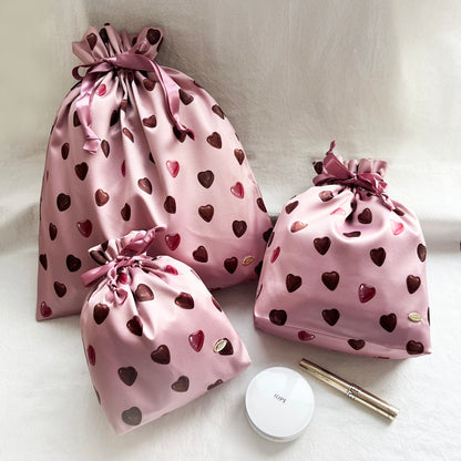 3-Size Pink Drawstring Storage Bag with Cute Chocolate Hearts - Sweet Gift & Organizer Pouch Set