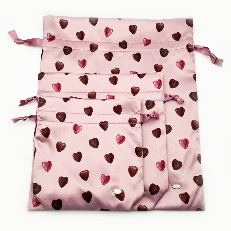 3-Size Pink Drawstring Storage Bag with Cute Chocolate Hearts - Sweet Gift & Organizer Pouch Set