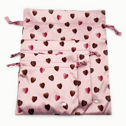 3-Size Pink Drawstring Storage Bag with Cute Chocolate Hearts - Sweet Gift & Organizer Pouch Set