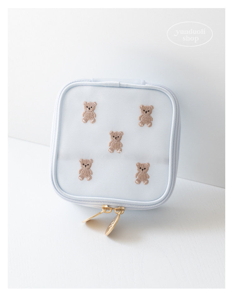 Cute Cartoon Giant Panda & Bear Embroidery Structured Mesh Small Square Bag | Cosmetic & Storage Pouch