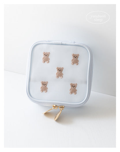 Cute Cartoon Giant Panda & Bear Embroidery Structured Mesh Small Square Bag | Cosmetic & Storage Pouch