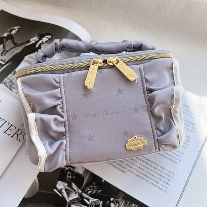 Fresh & Minimalist Solid Color Ruffle Barrel Bag - Top-Handle Small Makeup Pouch