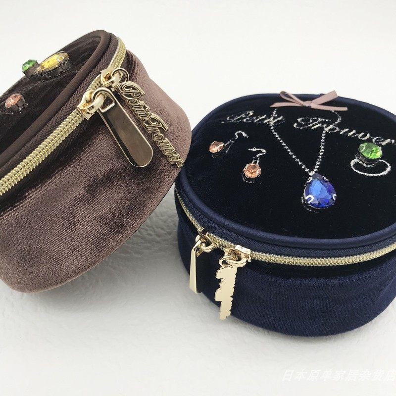 Glossy Velvet & Rhinestone Round Jewelry Box - Portable Mini Travel Case for Rings and Earrings