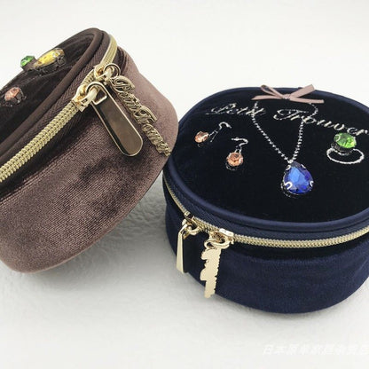 Glossy Velvet & Rhinestone Round Jewelry Box - Portable Mini Travel Case for Rings and Earrings