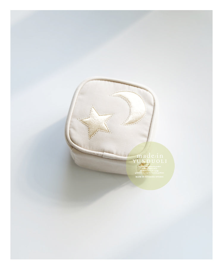 Petit Secret sweet star and moon embroidery cute big fur ball zipper jewelry bag