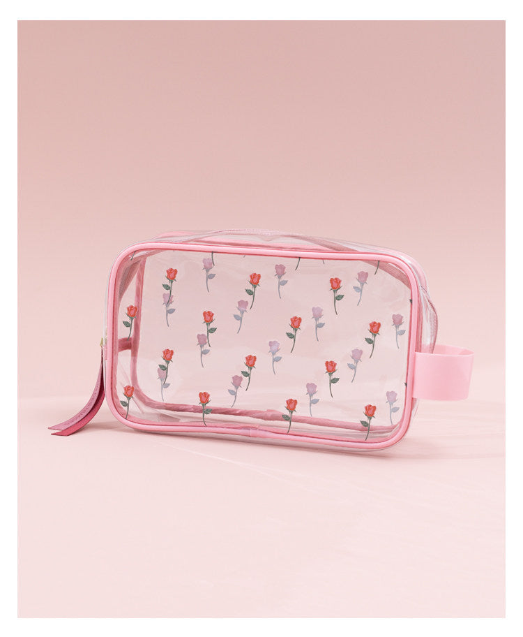 Sweet Lovely Rose Printed Clear Cosmetic Bag - Travel Essential for Makeup Organizing