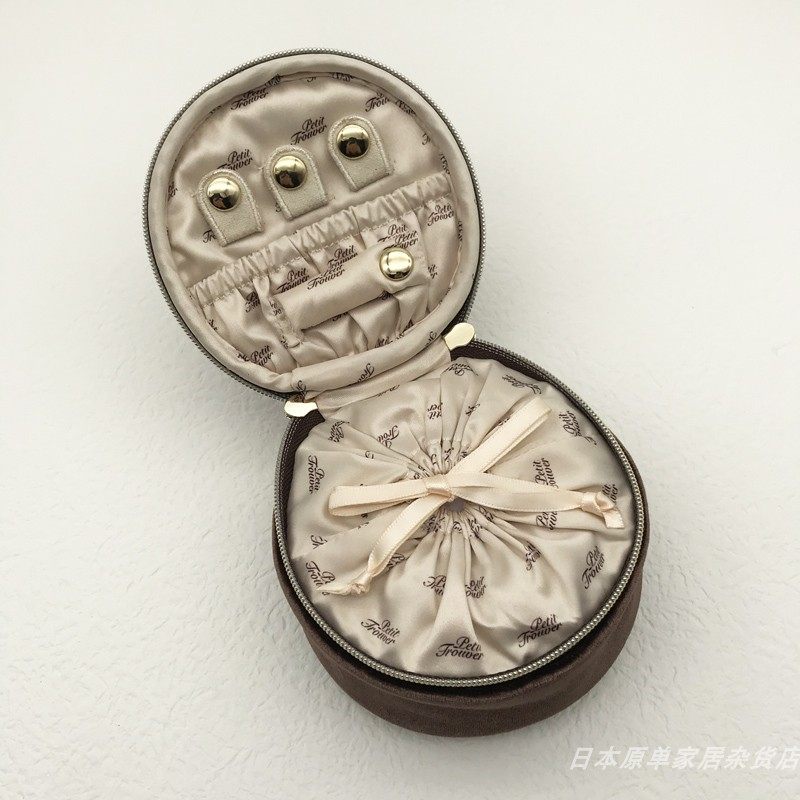 Glossy Velvet & Rhinestone Round Jewelry Box - Portable Mini Travel Case for Rings and Earrings