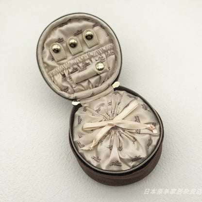 Glossy Velvet & Rhinestone Round Jewelry Box - Portable Mini Travel Case for Rings and Earrings