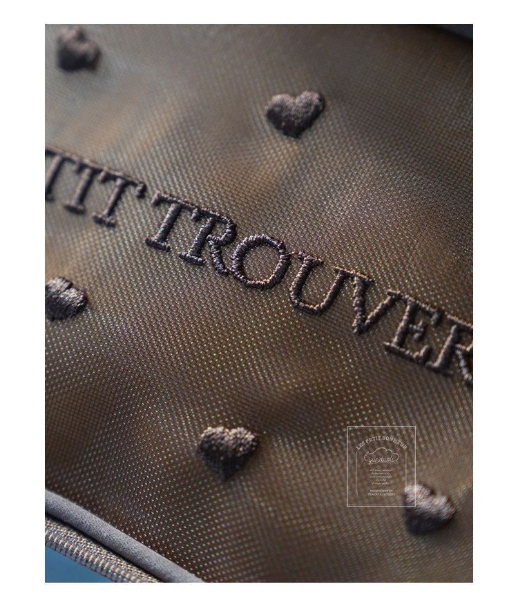 Sweet Fairycore Mesh Square Cosmetic Bag - Heart Embroidery Multi-Purpose Storage Bag