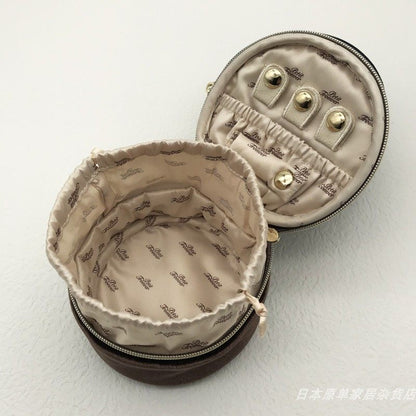 Glossy Velvet & Rhinestone Round Jewelry Box - Portable Mini Travel Case for Rings and Earrings