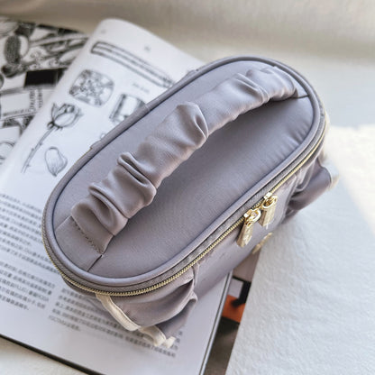 Fresh & Minimalist Solid Color Ruffle Barrel Bag - Top-Handle Small Makeup Pouch