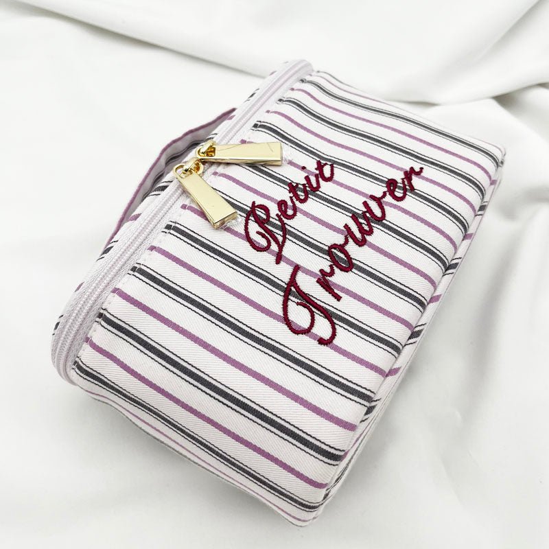 Fresh & Minimalist Mini Handled Makeup Pouch - Yarn-Dyed Stripe Cotton, Touch-Up & Organizer Bag