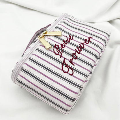Fresh & Minimalist Mini Handled Makeup Pouch - Yarn-Dyed Stripe Cotton, Touch-Up & Organizer Bag