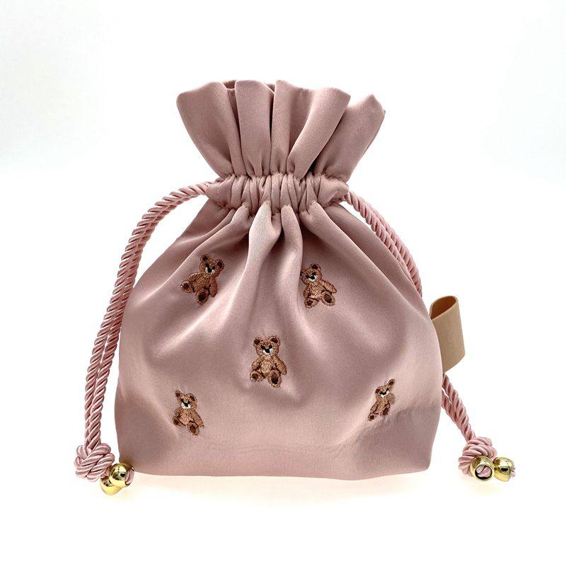 Adorable Healing Bear Embroidery Small Drawstring Pouch - Mini Organizer Bag for Trinkets
