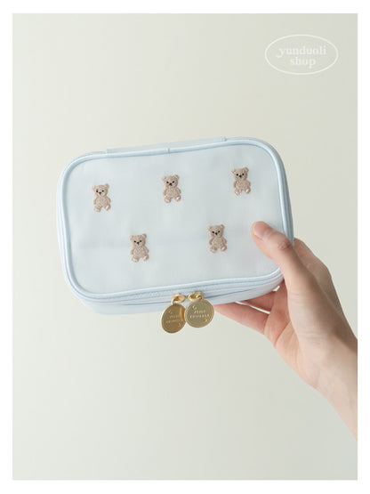 Cute Cartoon Giant Panda & Bear Embroidery Structured Mesh Small Square Bag | Cosmetic & Storage Pouch