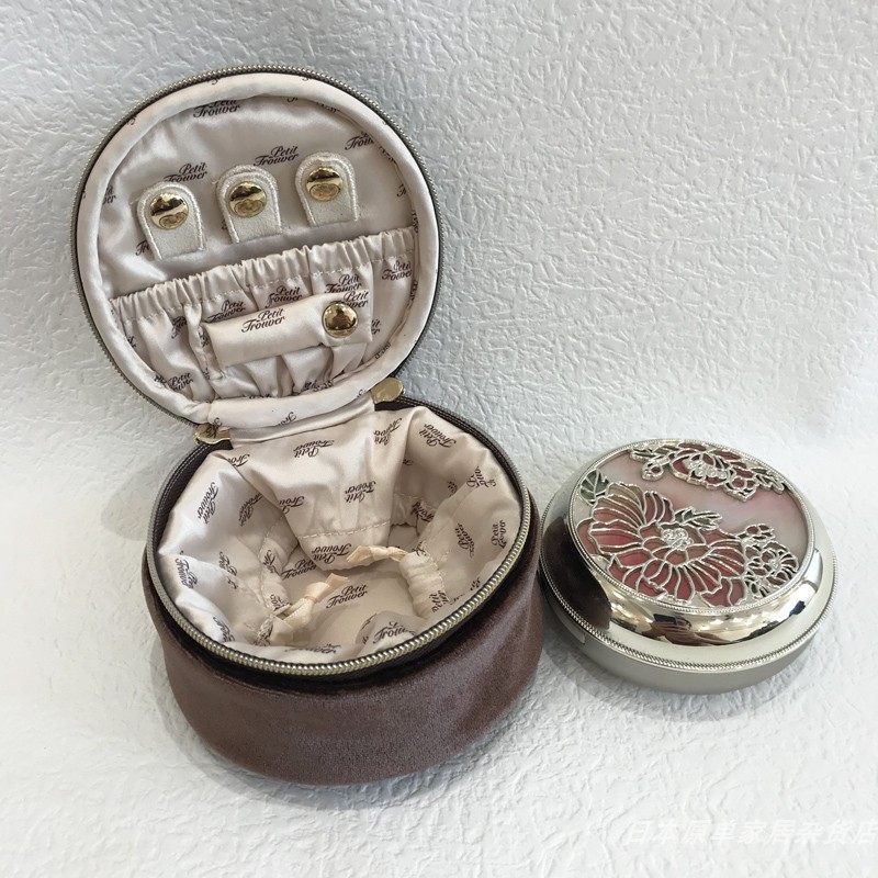 Glossy Velvet & Rhinestone Round Jewelry Box - Portable Mini Travel Case for Rings and Earrings