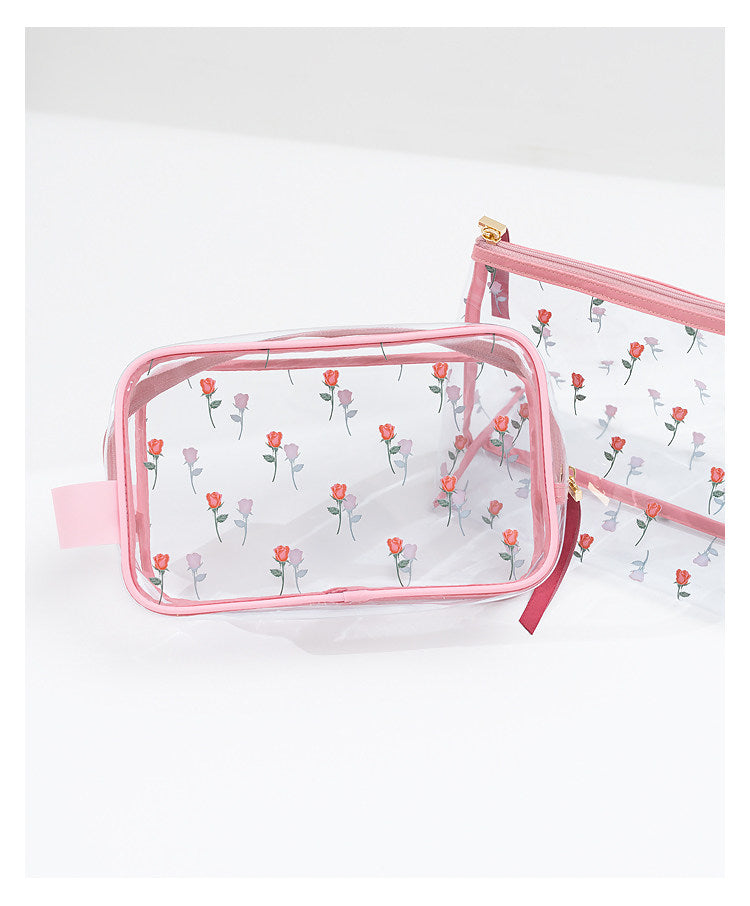 Sweet Lovely Rose Printed Clear Cosmetic Bag - Travel Essential for Makeup Organizing