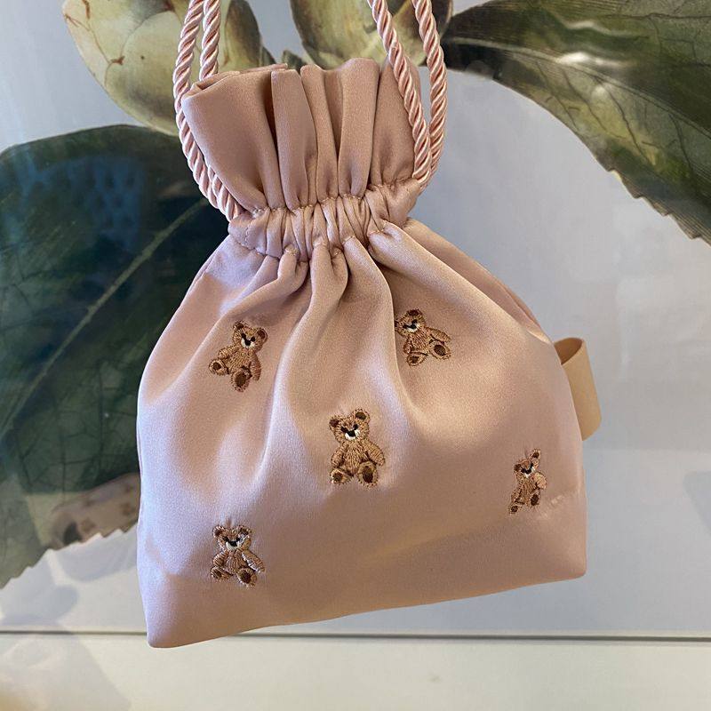 Adorable Healing Bear Embroidery Small Drawstring Pouch - Mini Organizer Bag for Trinkets