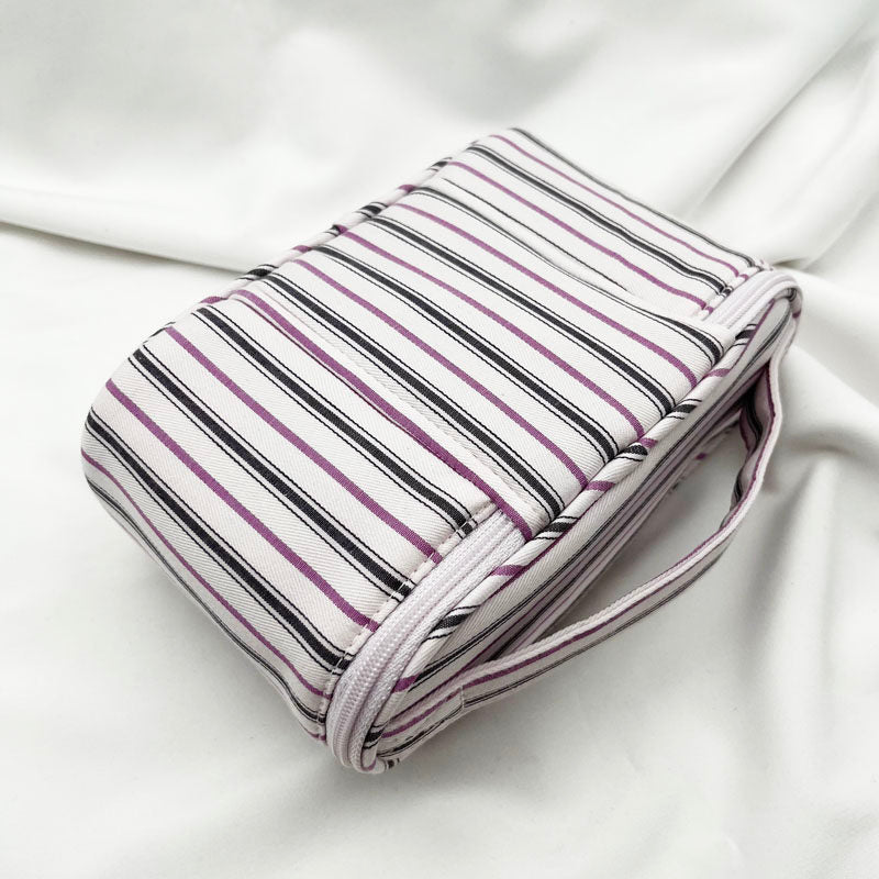 Fresh & Minimalist Mini Handled Makeup Pouch - Yarn-Dyed Stripe Cotton, Touch-Up & Organizer Bag