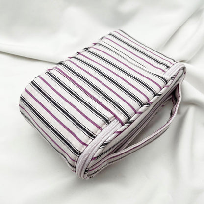 Fresh & Minimalist Mini Handled Makeup Pouch - Yarn-Dyed Stripe Cotton, Touch-Up & Organizer Bag
