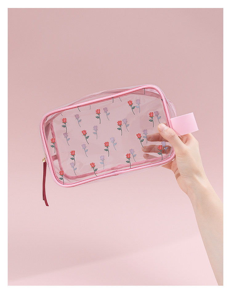 Sweet Lovely Rose Printed Clear Cosmetic Bag - Travel Essential for Makeup Organizing