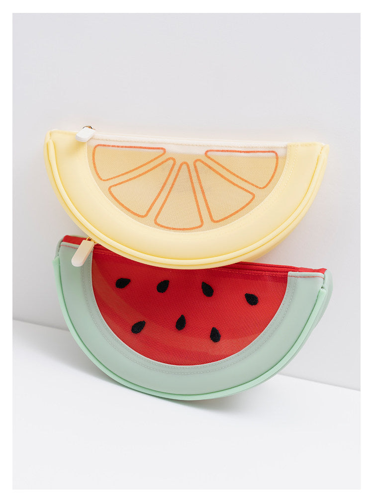 Fresh Minimalist Cartoon Fruit Shaped Semicircular Cosmetic Bag - Cute Watermelon & Pomelo Themed Makeup Pouch